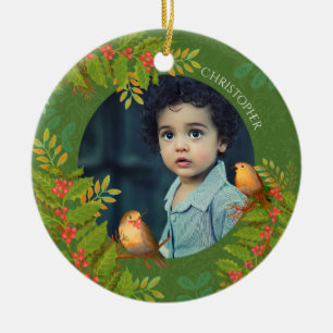 Robin Birds Holly Berry Foto Green Keramik Ornament
