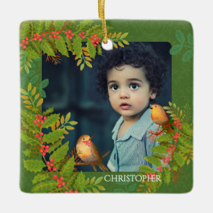 Robin Birds Holly Berry Foto Green Keramikornament