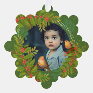 Robin Birds Holly Berry Foto Green Ornament Karte