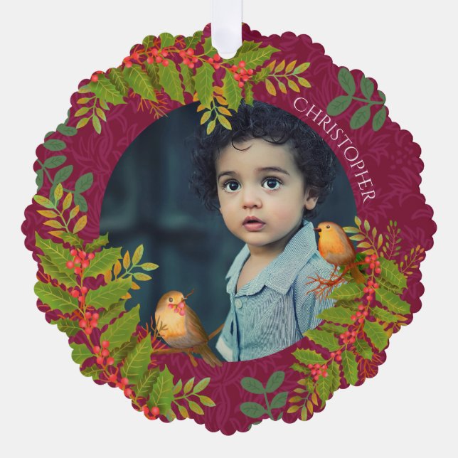 Robin Birds Holly Berry Foto Wine Ornament Karte (Vorderseite)