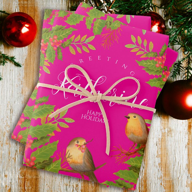 Robin Birds Holly Berry Hot Pink Geschenkpapier Set (Robin Birds Holly Berry Design.)