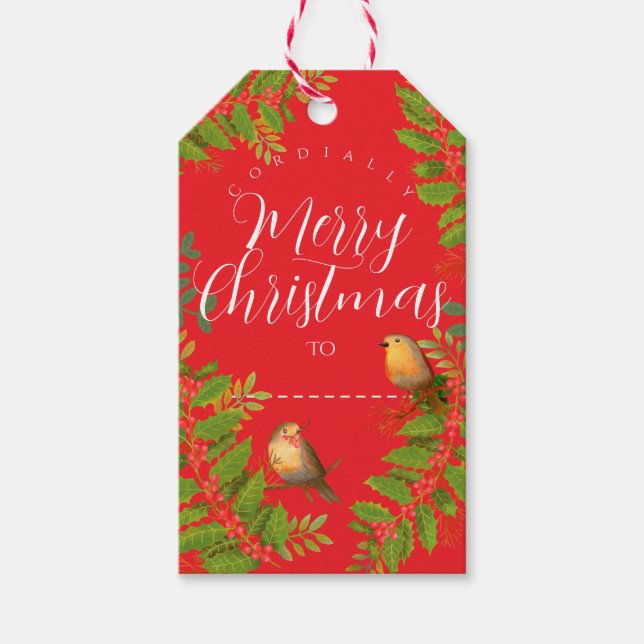 Robin Birds Holly Berry Red Geschenkanhänger (Vorderseite)