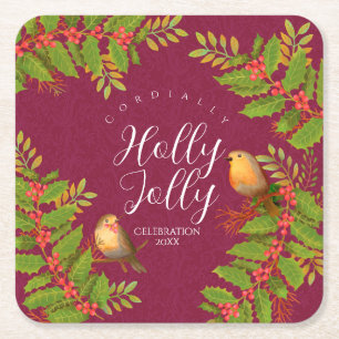 Robin Birds Holly Berry Wine Rechteckiger Pappuntersetzer
