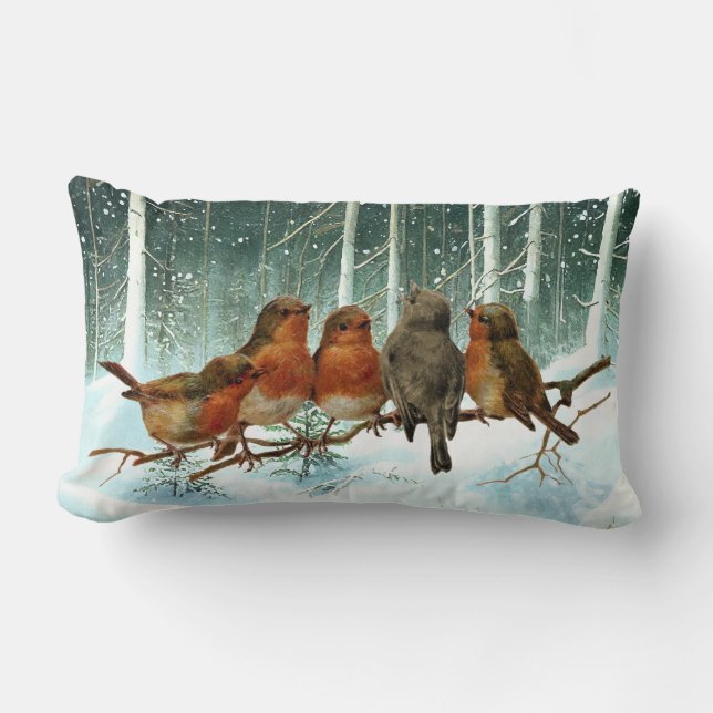 Robin Birds on Branch Snow Forest Winter Weihnacht Lendenkissen (Vorderseite)