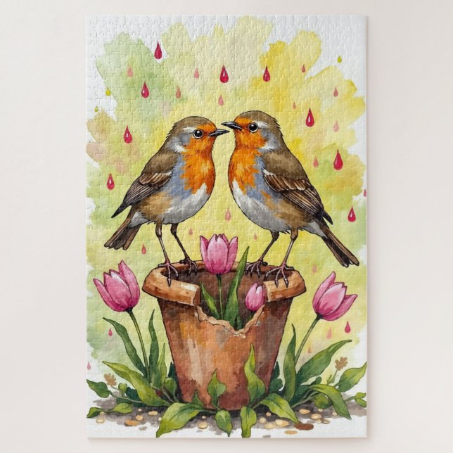 Robin Birds Spring Love Watercolor Art (Vertikal)