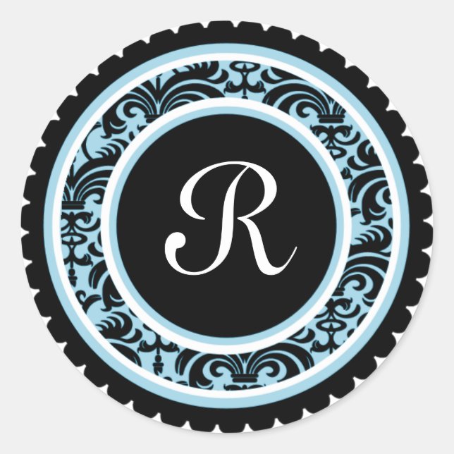 Robin Blue Damask Monogram Initial Sticker (Vorderseite)