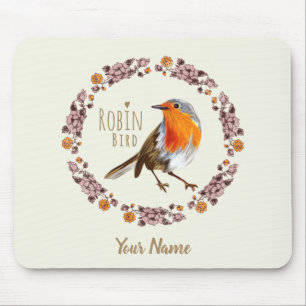 Robin Botanical vintage Flowers for bird lover Mousepad