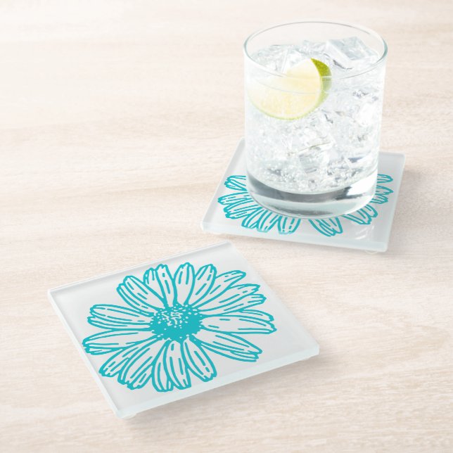Robin Egg Blue Daisy Print, Hippie Blume Muster Glasuntersetzer (Schrägansicht)