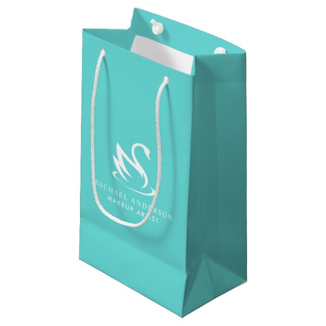 Robin Egg Blue Swan Logo mit Namen Kleine Geschenktüte (Vorderseite Schrägansicht)