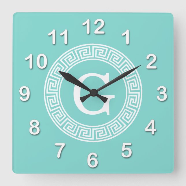 Robin Egg Welch griechischer Schlüsselrahmen Initi Quadratische Wanduhr (Vorderseite)
