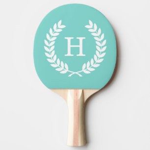 Robin Egg Wht Wheat Laurel Wreath Initial Monogram Tischtennis Schläger