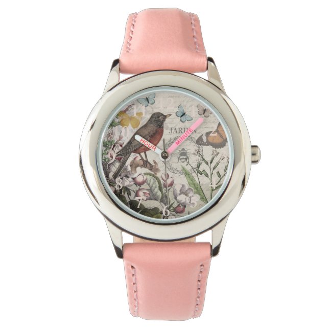 Robin Elegant Bird Butterfly Französische Kunst Armbanduhr (Vorderseite)