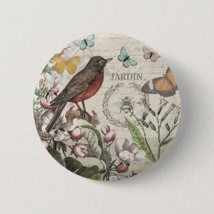 Robin Elegant Bird Butterfly Französische Kunst Button