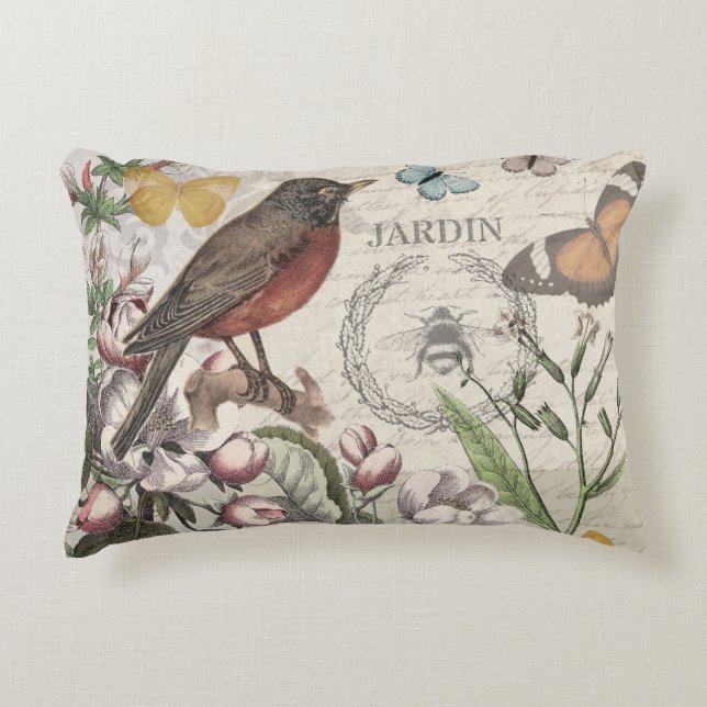 Robin Elegant Bird Butterfly Französische Kunst Dekokissen (Vorderseite)