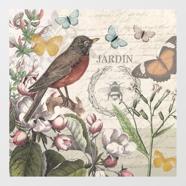 Robin Elegant Bird Butterfly Französische Kunst Fensteraufkleber (Blatt)