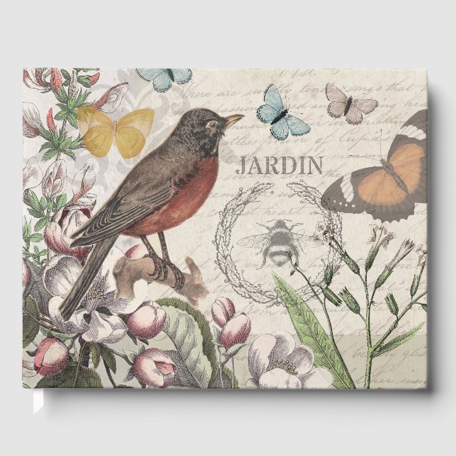 Robin Elegant Bird Butterfly Französische Kunst Gästebuch (Vorderseite)