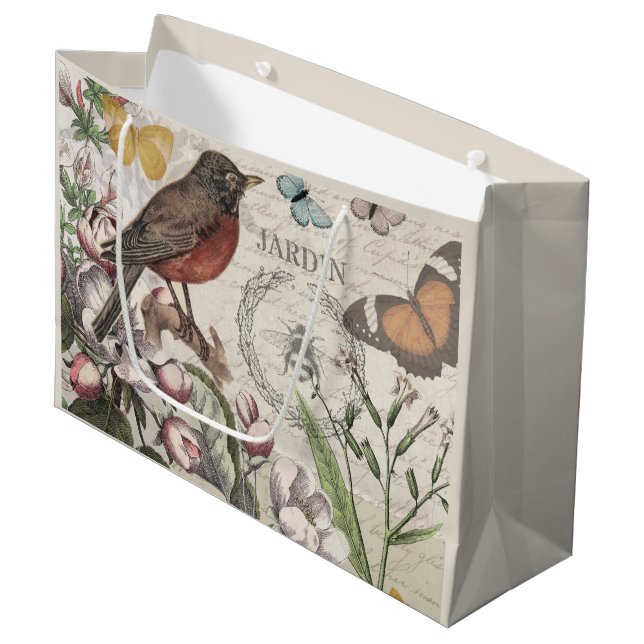 Robin Elegant Bird Butterfly Französische Kunst Große Geschenktüte (Vorderseite Schrägansicht)