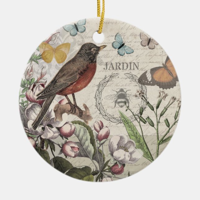 Robin Elegant Bird Butterfly Französische Kunst Keramik Ornament (Vorne)