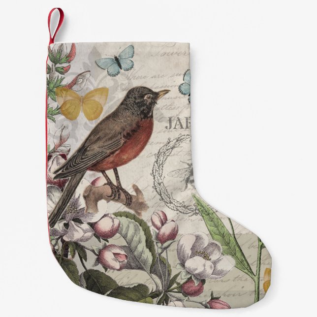 Robin Elegant Bird Butterfly Französische Kunst Kleiner Weihnachtsstrumpf (Vorderseite)