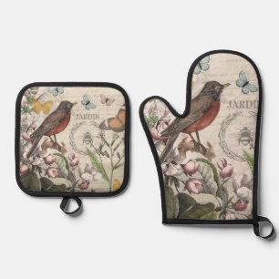 Robin Elegant Bird Butterfly Französische Kunst Ofenhandschuh & Topflappen-Set