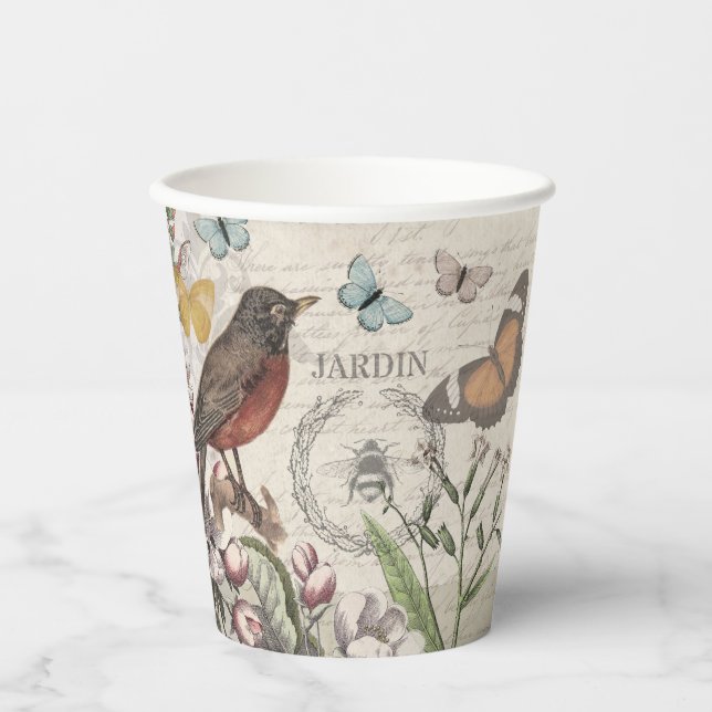 Robin Elegant Bird Butterfly Französische Kunst Pappbecher (Vorderseite)