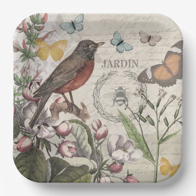 Robin Elegant Bird Butterfly Französische Kunst Pappteller (Vorderseite)