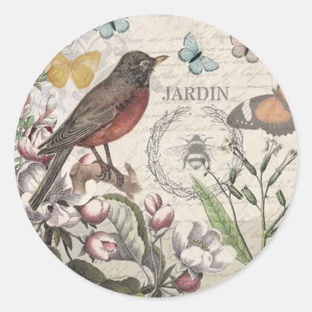 Robin Elegant Bird Butterfly Französische Kunst Runder Aufkleber (Vorderseite)