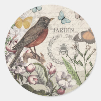 Robin Elegant Bird Butterfly Französische Kunst Runder Aufkleber