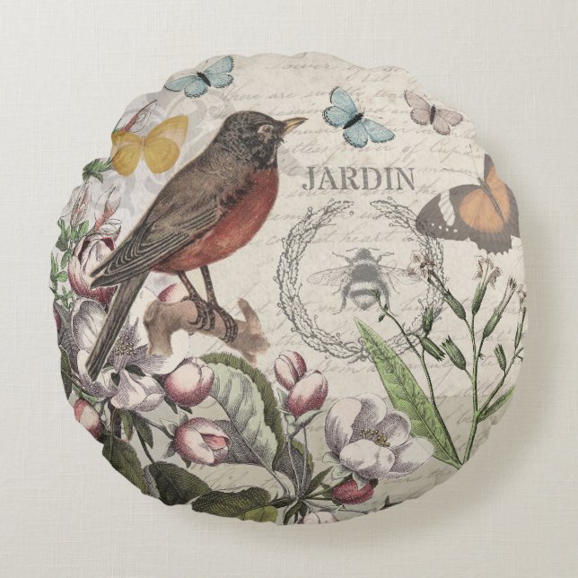 Robin Elegant Bird Butterfly Französische Kunst Rundes Kissen (Vorderseite)