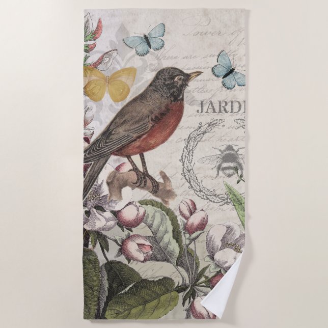 Robin Elegant Bird Butterfly Französische Kunst Strandtuch (Vorderseite)
