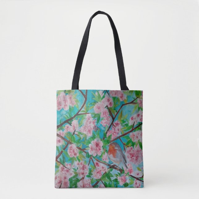 Robin en fleurs de cerisiers sur un sac (Devant)