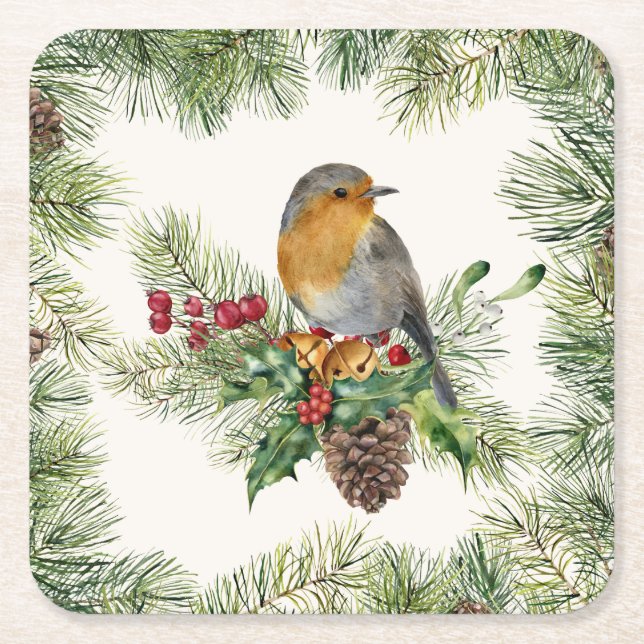 Robin, heilig, Kiefer Weihnachten Rechteckiger Pappuntersetzer (Vorderseite)