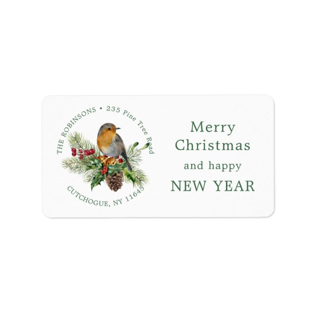 Robin, heilig, Kiefernweihnachtsschild Adressaufkleber (Vorne)