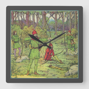 Robin Hood im Wald Quadratische Wanduhr