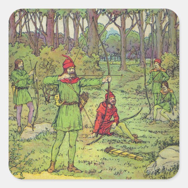 Robin Hood im Wald Quadratischer Aufkleber (Vorderseite)