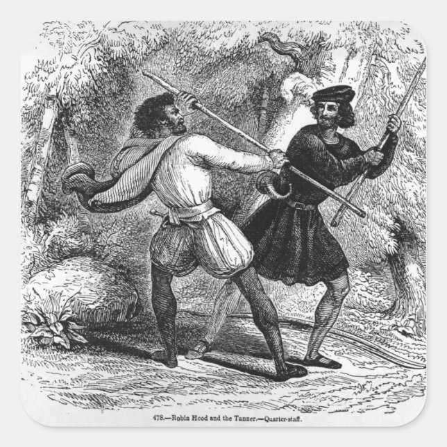 Robin Hood und das Tanner mit Quarter-Mitarbeitern Quadratischer Aufkleber (Vorderseite)