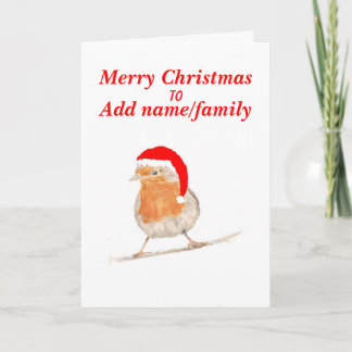 Robin in roter Hut Weihnachtskarte hinzufügen Name Feiertagskarte