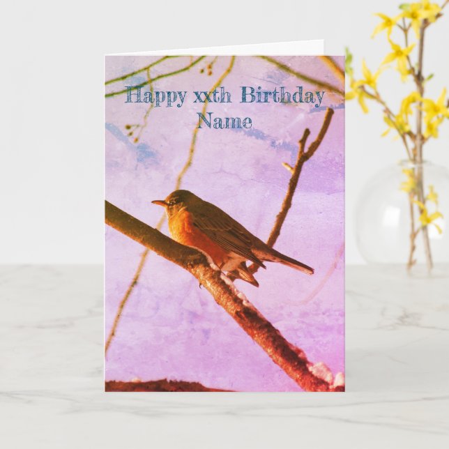 Robin in Snow Nature Art Personalisiert Geburtstag Karte (Gelbe Blume)