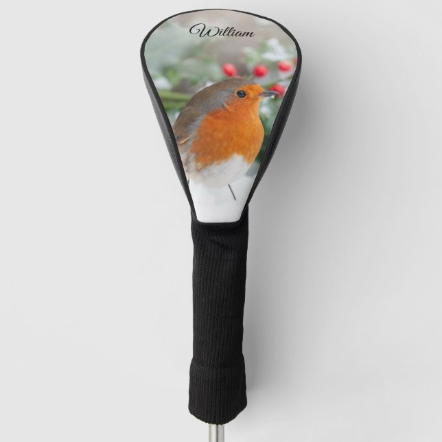 Robin in Snow Red Berries Personalisiert Golf Headcover (Vorderseite)