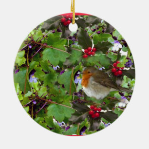 Robin mit Efeu und Heilig - Weihnachtsdekoration Keramikornament