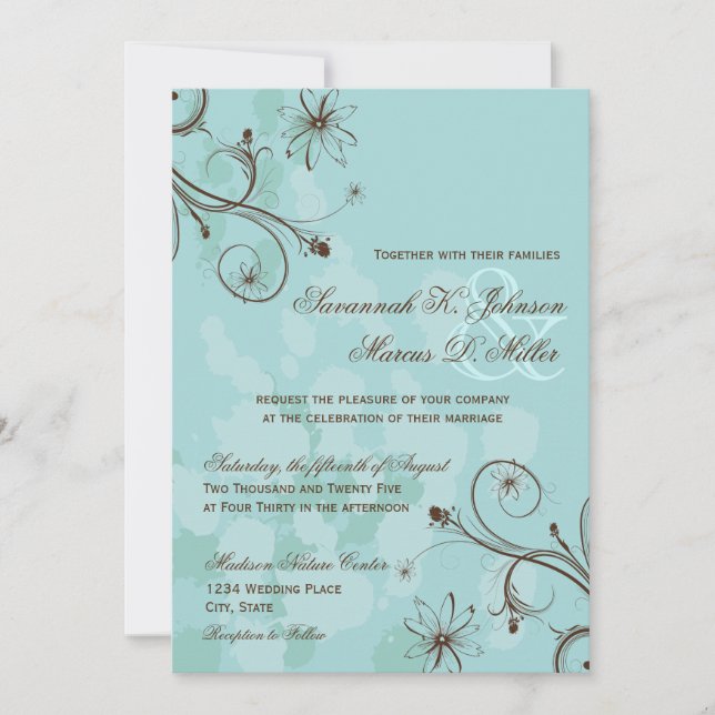 Robin Oeuf Bleu Brown Floral Invitations de mariag (Devant)