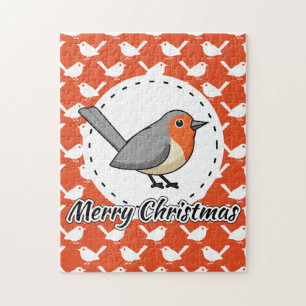 Robin on Orange White Bird Pattern - Merry Xmas