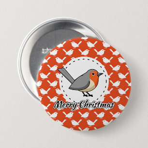 Robin on Orange White Bird Pattern - Merry Xmas Button