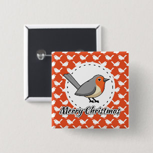 Robin on Orange White Bird Pattern - Merry Xmas Button