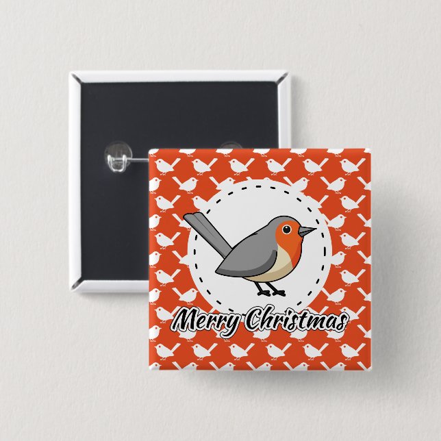Robin on Orange White Bird Pattern - Merry Xmas Button (Vorne & Hinten)