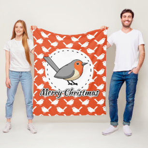 Robin on Orange White Bird Pattern - Merry Xmas Fleecedecke