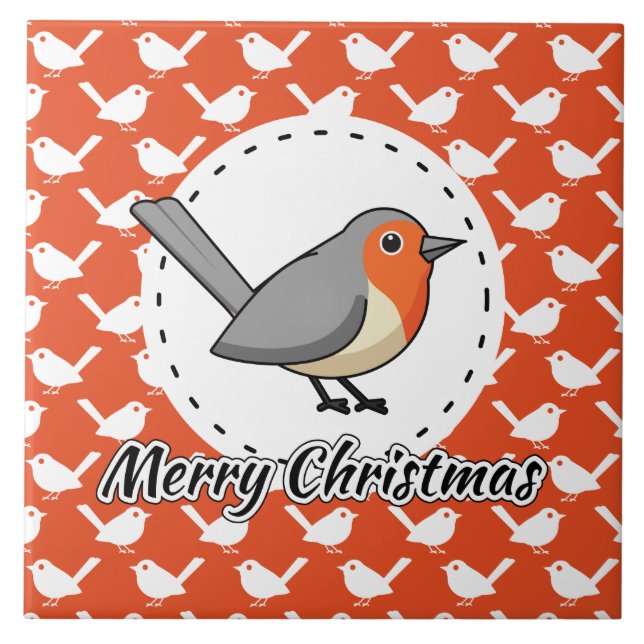 Robin on Orange White Bird Pattern - Merry Xmas Fliese (Vorderseite)