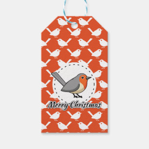 Robin on Orange White Bird Pattern - Merry Xmas Geschenkanhänger