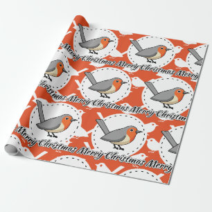 Robin on Orange White Bird Pattern - Merry Xmas Geschenkpapier