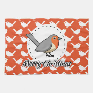Robin on Orange White Bird Pattern - Merry Xmas Geschirrtuch